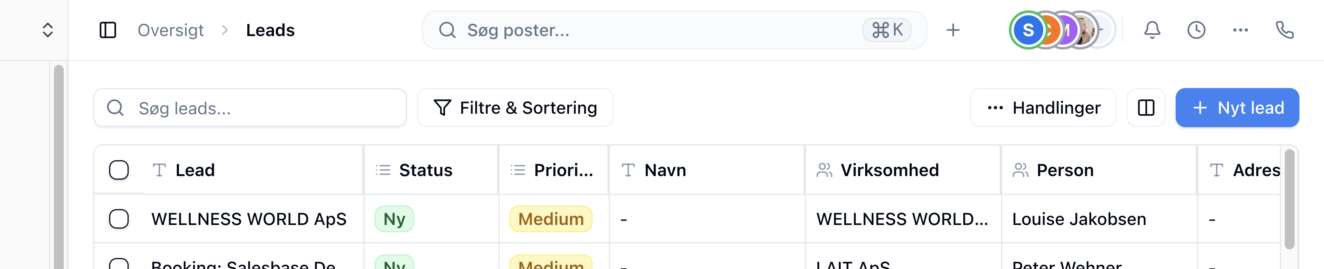 Leads-modulet med knappen Nyt lead i værktøjslinjen